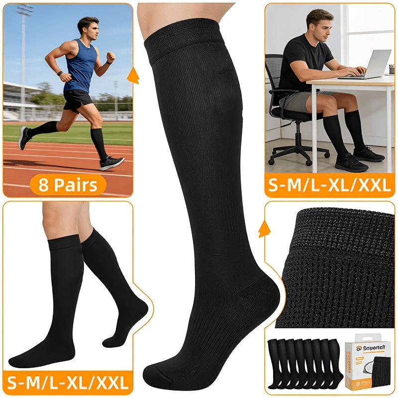 Compression Socks 8-Pair Set Knee High – Breathable Graduated Support for Nurses, Running, Hiking, Travel & Pregnancy | Unisex Men & Women | Black & Beige | S–XXL