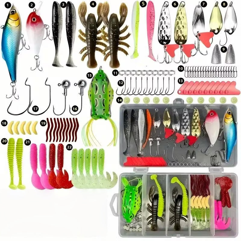133-Piece Fishing Kit – Spinner Baits Wobblers Lead Jigs Sinkers Hooks & Storage Box Complete Freshwater Beginner Tackle Set for Bass Trout Carp