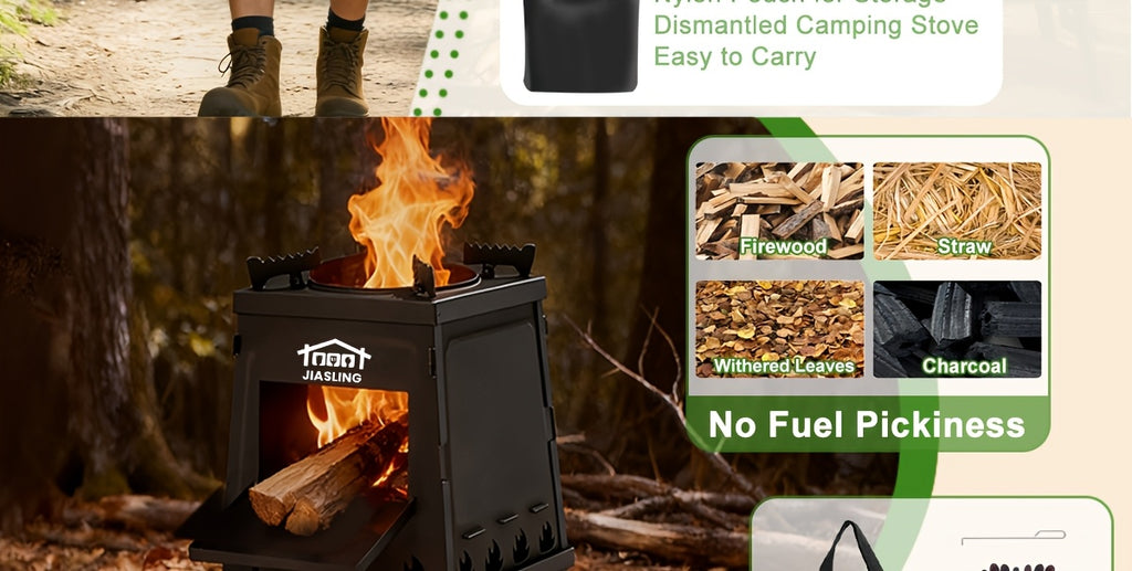 Portable Wood Burning Camp Stove with BBQ Scissors – Compact Folding Camping Stove for Outdoor Hiking Picnic Backpacking Travel, Black