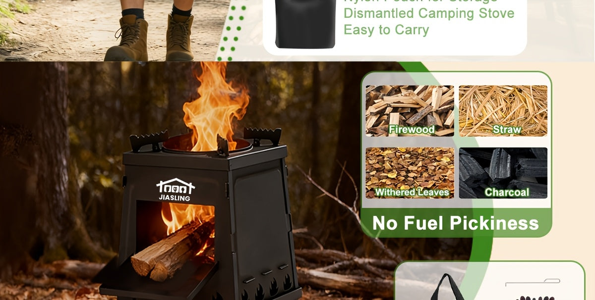 Portable Wood Burning Camp Stove with BBQ Scissors – Compact Folding Camping Stove for Outdoor Hiking Picnic Backpacking Travel, Black