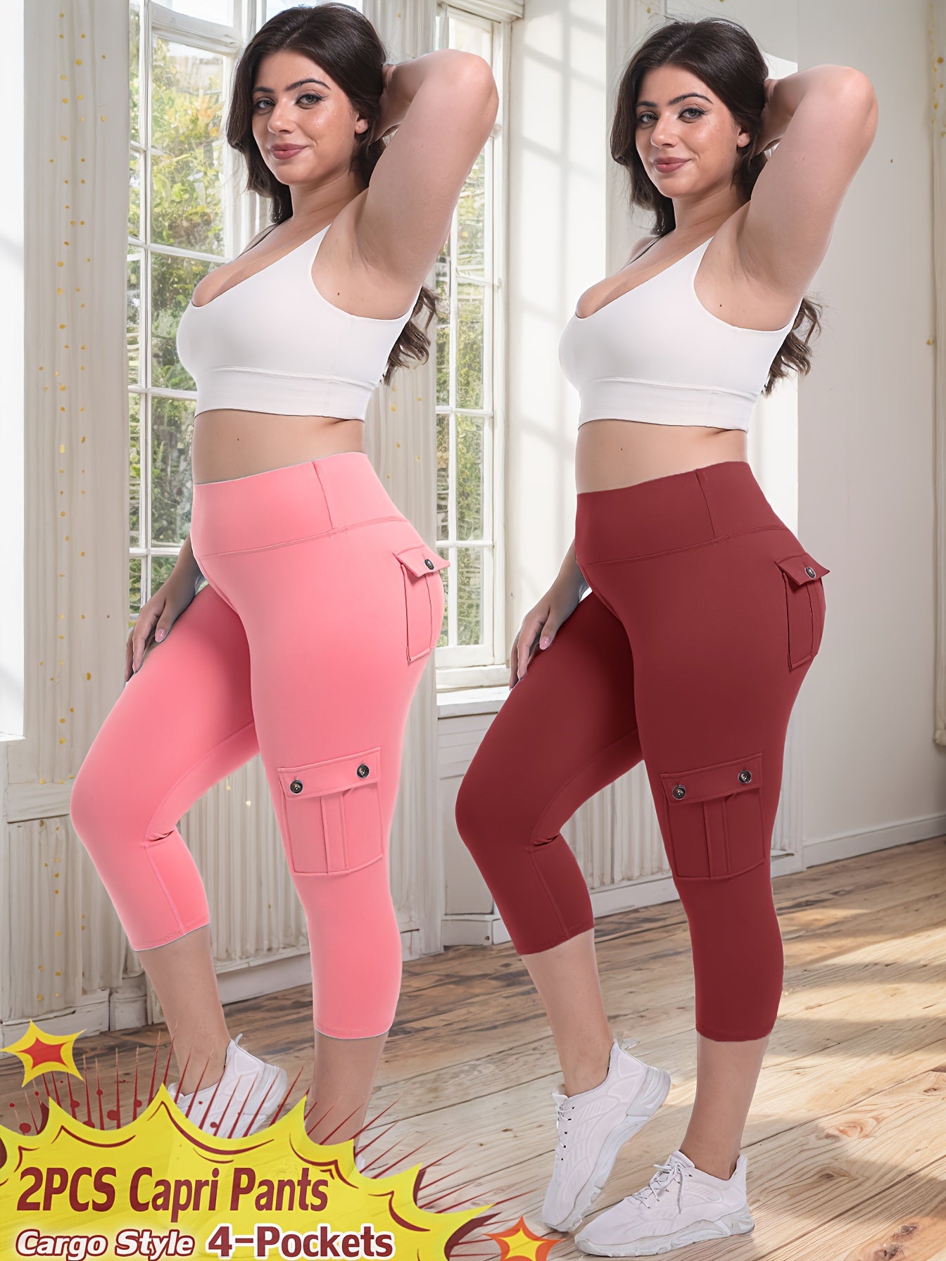 2pcs Capri Leggings Set Women High Waist Butt Lifting Yoga Workout Pants Tummy Control 4-Way Stretch Activewear S-XXL