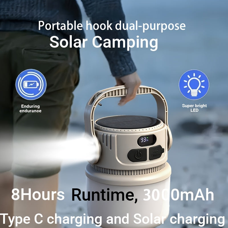 Solar Camping Lantern 6 Modes LED Rechargeable with USB Power Bank, Portable Outdoor Camp Light with Hook SOS Strobe Type-C Charge for Tent Hiking Mountaineering Emergency Preparedness
