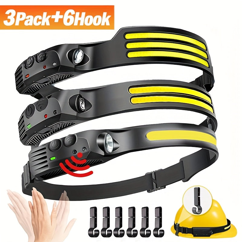 Rechargeable Headlamp 3-Pack COB LED 230° Wide Beam 5 Modes Motion Sensor USB Headlamps for Adults Camping Hiking Work Hard Hat with 6 Hooks