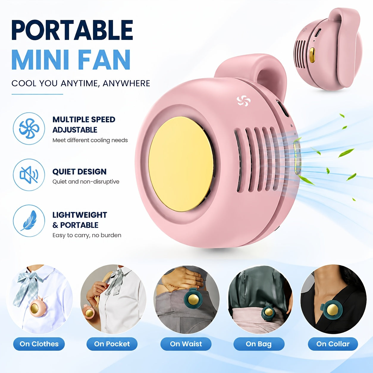 Bladeless Clip-On Fan Portable USB Rechargeable – 360° Rotation Multi-Speed Quiet Personal Cooling Fan for Travel, Camping, Outdoor, Office & Stroller | 1, 2 or 3 Pack
