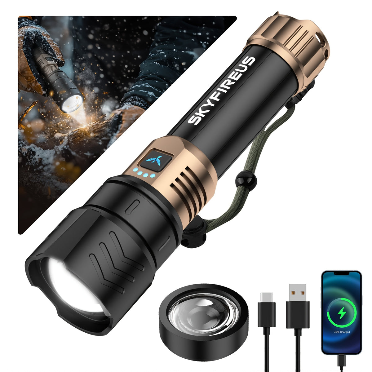 LED Tactical Flashlight High Lumen Rechargeable Zoomable 4 Modes – Super Bright Camping Cycling & Emergency Light with Zoom Lens Black Copper Black Gold