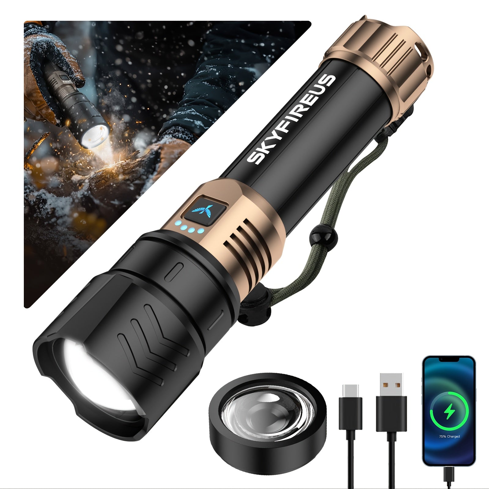 LED Tactical Flashlight High Lumen Rechargeable Zoomable 4 Modes – Super Bright Camping Cycling & Emergency Light with Zoom Lens Black Copper Black Gold