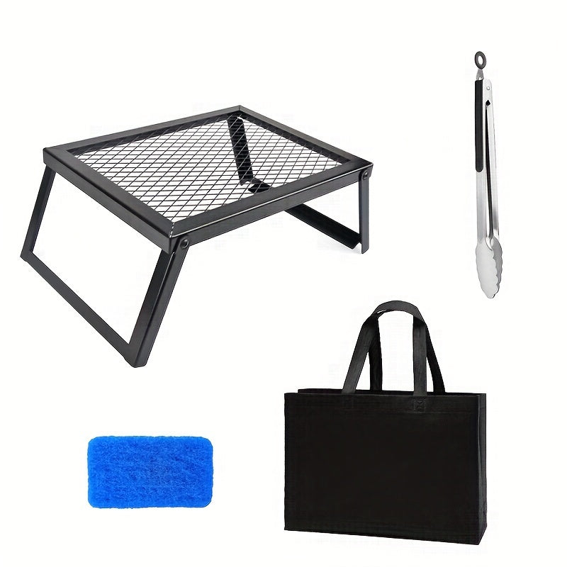 Heavy Duty Bonfire Campfire Grill for Outdoor Camping - Portable BBQ Grill with Firewood Rack, Storage Bag, Food Clips & Cleaning Cloth, RV Picnic Backyard Grill, Gift for Men
