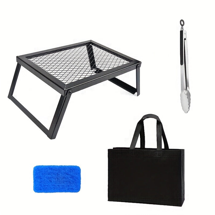 Heavy Duty Bonfire Campfire Grill for Outdoor Camping - Portable BBQ Grill with Firewood Rack, Storage Bag, Food Clips & Cleaning Cloth, RV Picnic Backyard Grill, Gift for Men