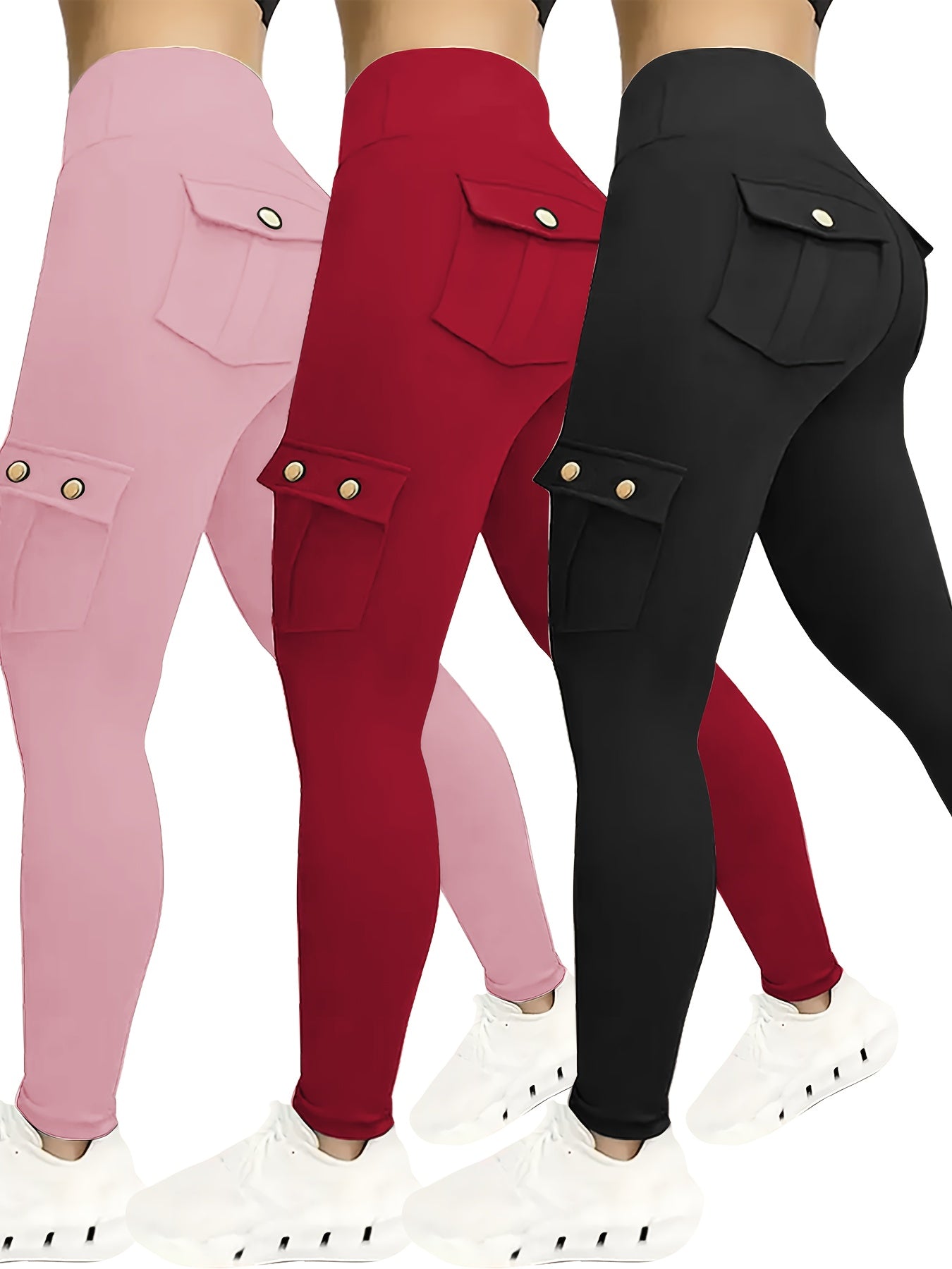 Women's Compression Leggings 3-Pack High Waisted with Flap Pockets Button Design All-Season Elastic Running Yoga Gym Sports Leggings Black Blue Gray Pink Red M-XXL