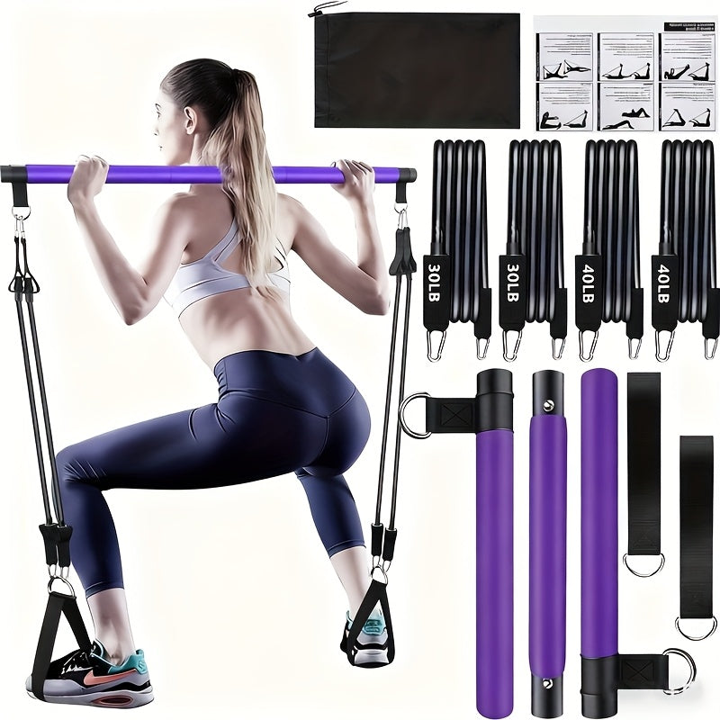 Pilates Bar Kit 8-Piece with 4 Resistance Bands 150 LBS – Portable Home Gym Fitness Set with Ankle Straps & Drawstring Backpack for Men & Women, Full Body Workout Equipment