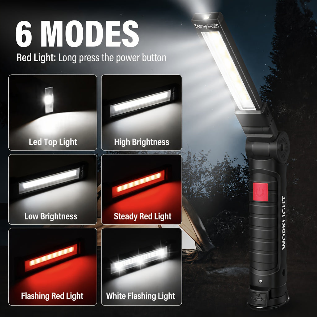 COB LED Rechargeable Work Light 1000 Lumens Portable Hanging Camping Lamp – 5 Brightness Modes 200M Beam Built-In Battery 2-10 Pack