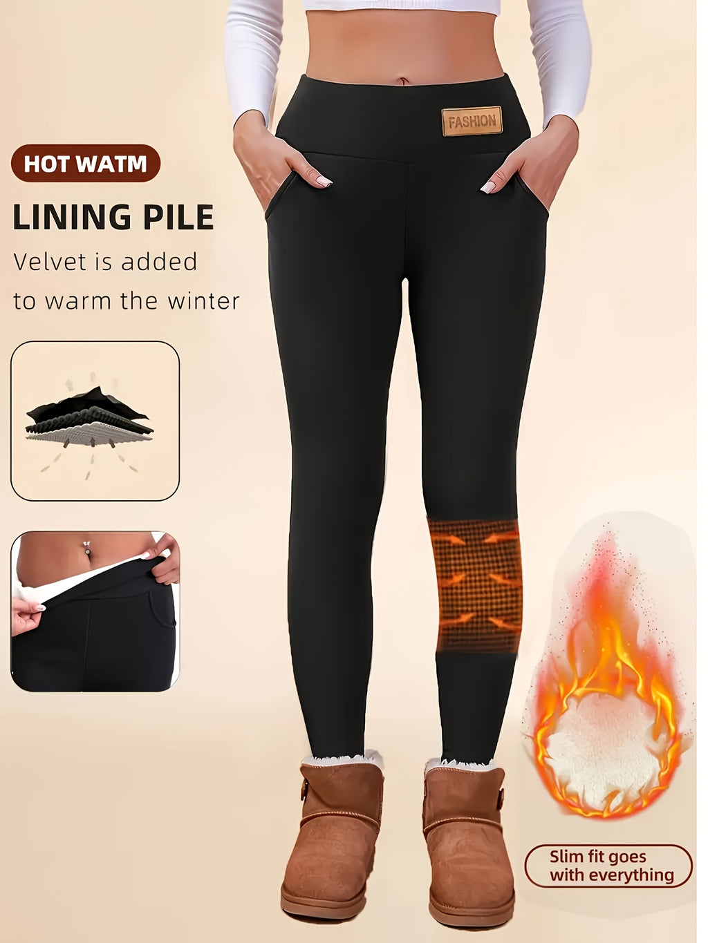 Women's High-Waisted Thermal Leggings Long Pants - Fleece-Lined Stretch Waistband Winter Warm Bottoms - 88% Polyester Knit Fabric - Sizes S-XXL - Fall Winter Thermal Pants for Women
