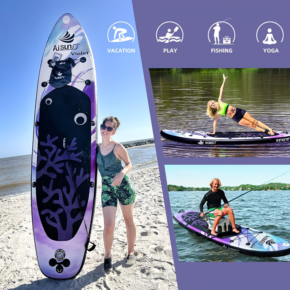 Inflatable SUP Paddle Board for Adults All Skill Levels – Wide Stand Up Board with Carry Bag Hand Pump Waterproof Bag Adjustable Paddle (Blue, Green, Purple)
