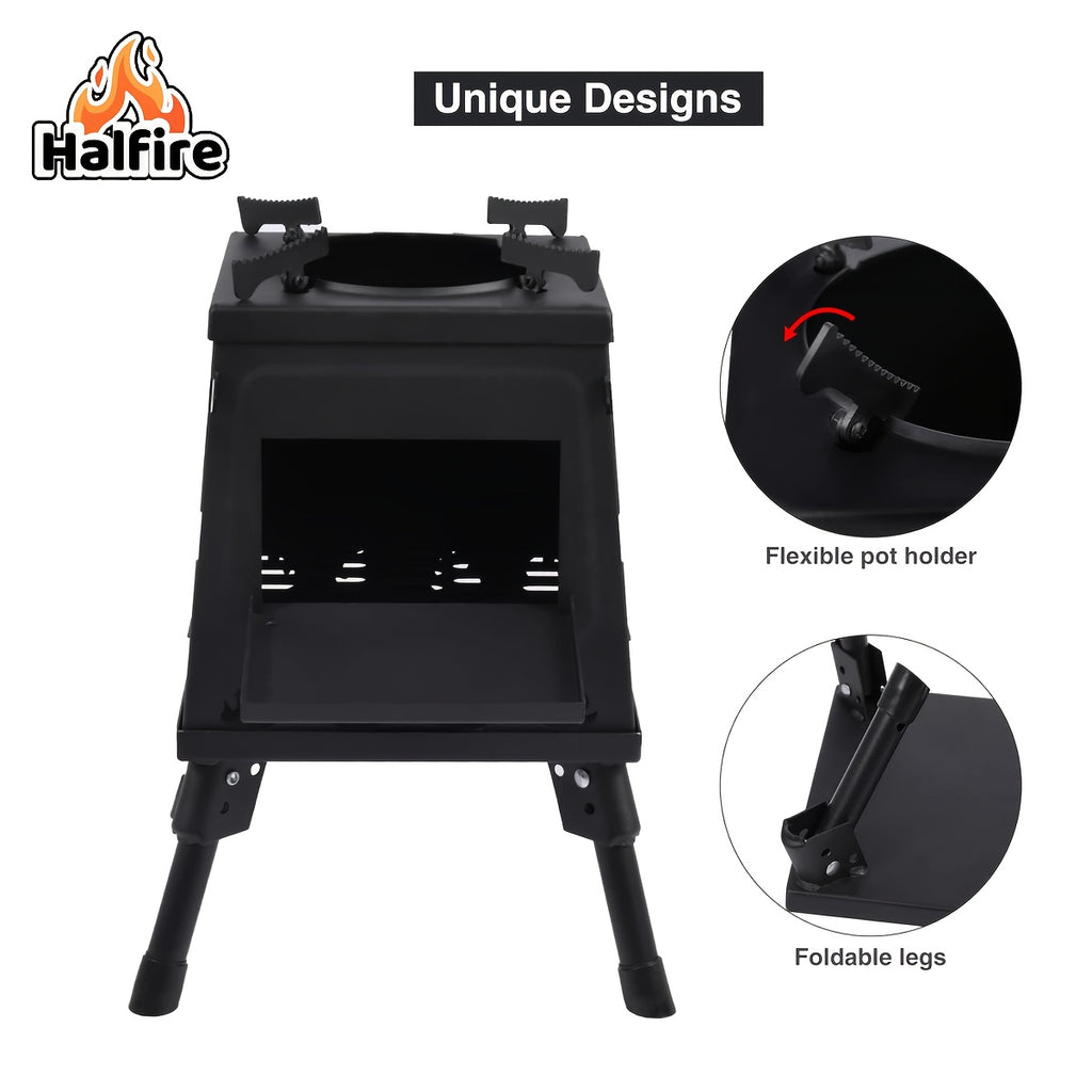 Portable Wood Burning Camp Stove – Heavy-Duty Iron Campfire Stove with Sturdy Legs & Air Vents for Hiking, Backpacking, BBQ, Picnic & Travel, No Electricity Needed