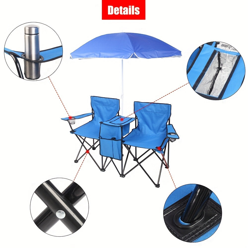 2-Seat Folding Outdoor Chair with Removable Sun Umbrella - Portable Double Camping Chair with Handrails for Fishing Beach Sunbathing Patio - Durable Steel Frame Oxford Fabric Lawn Chair