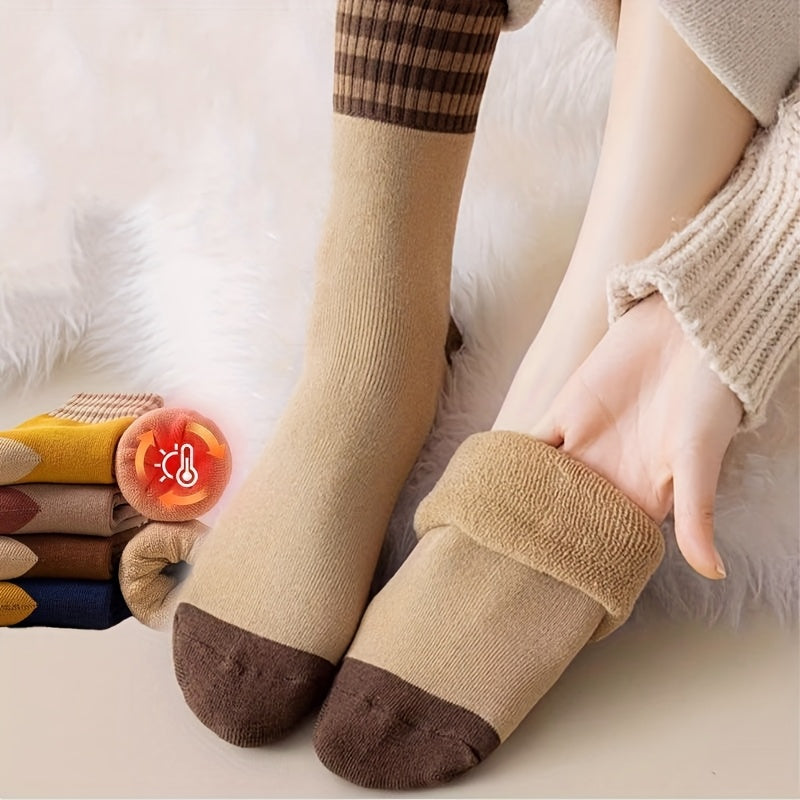 Winter Terry Crew Socks 20 Pairs Mixed Colors – Thick Plush Striped Mid-Calf Ski Snowboard & Cold Weather Socks Elastic Gusset 4 Patterns