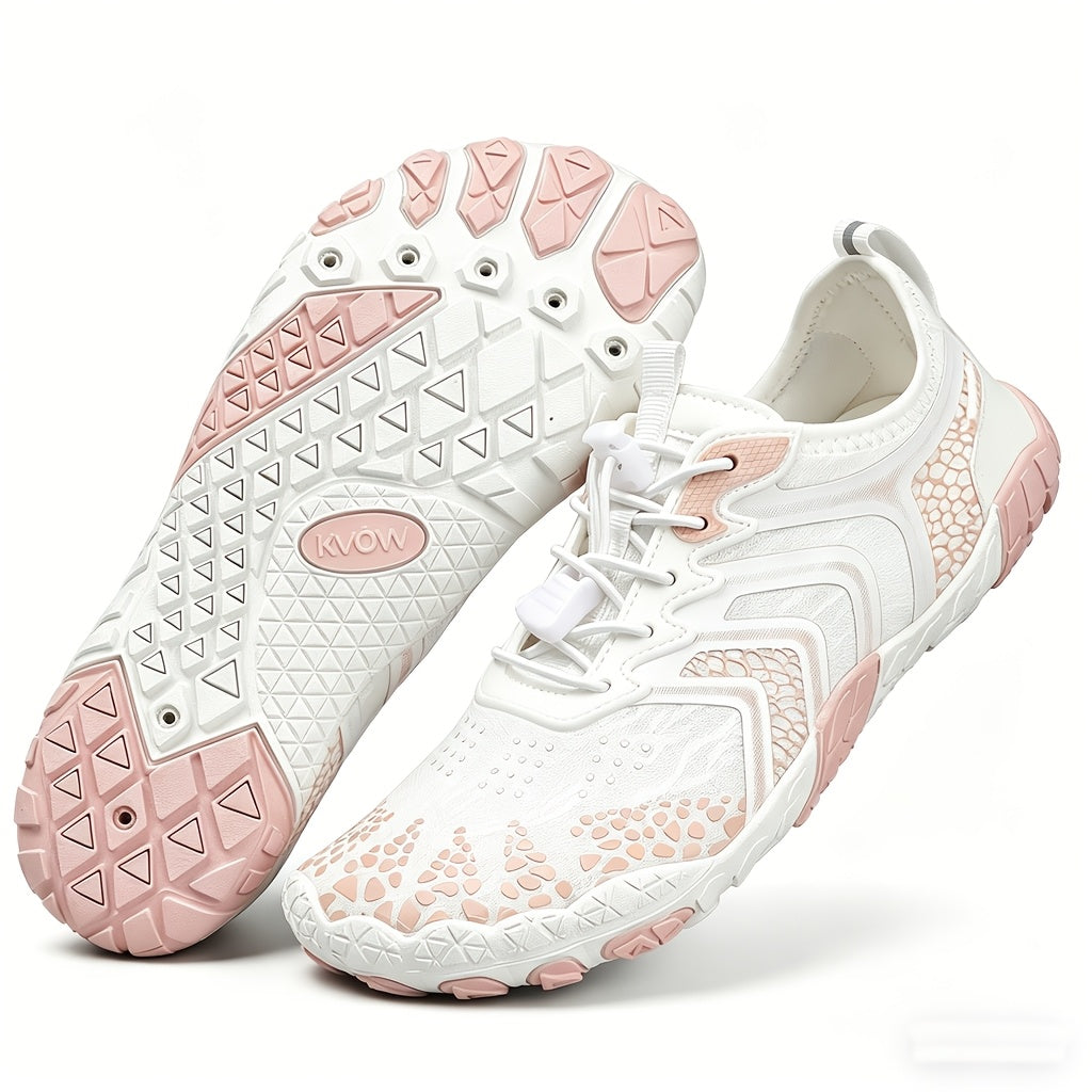 Women's Water Shoes Quick-Dry Aqua Sneakers – Lightweight Breathable Mesh Lace-Up Beach Wading Shoes, Rubber Sole, Striped, Black White Pink, US 6-11