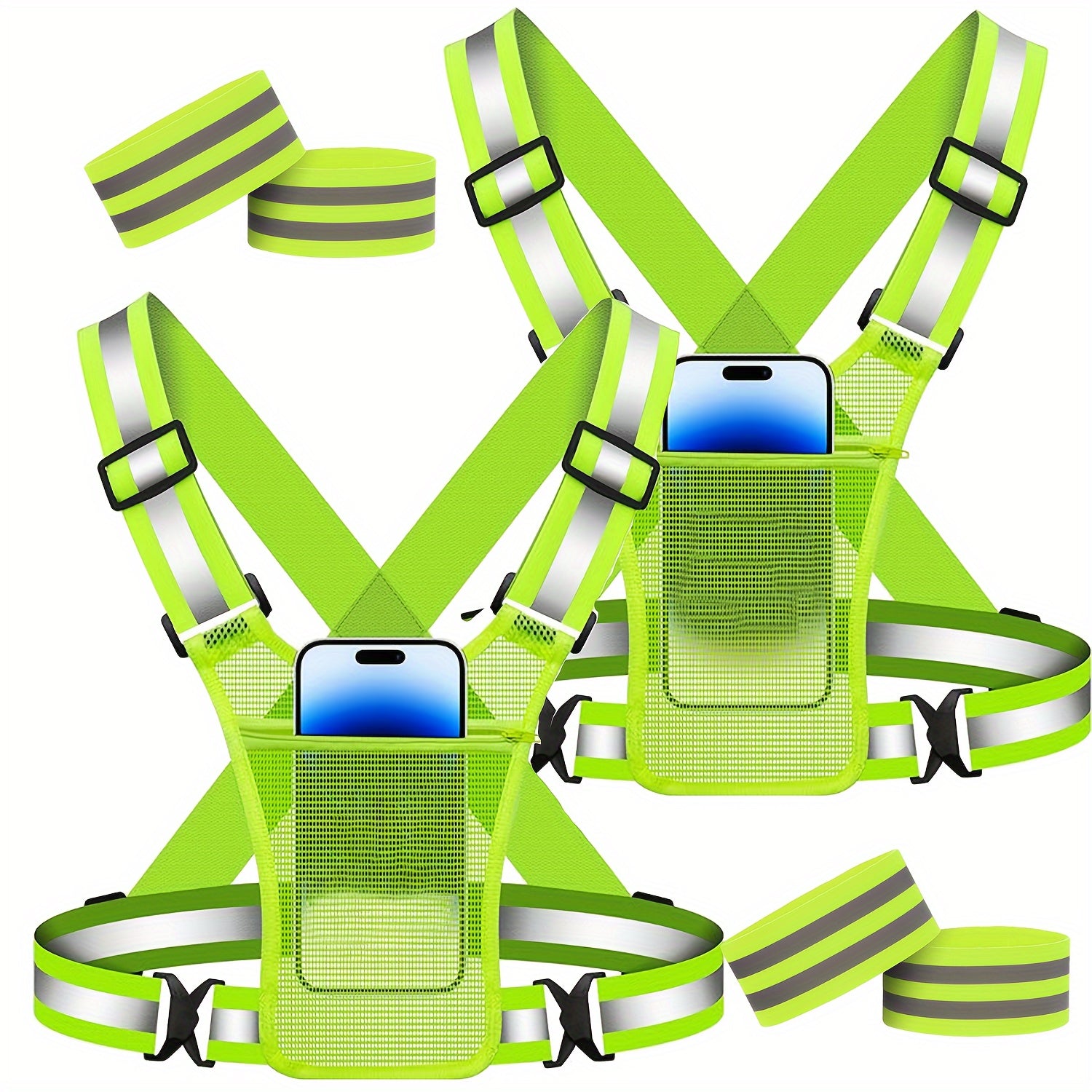 Reflective Running Vest 2 Pack with Reflective Bracelets Phone Holder Adjustable Safety Gear for Men Women – High Visibility Vest for Running Dog Walking Cycling Night Safety