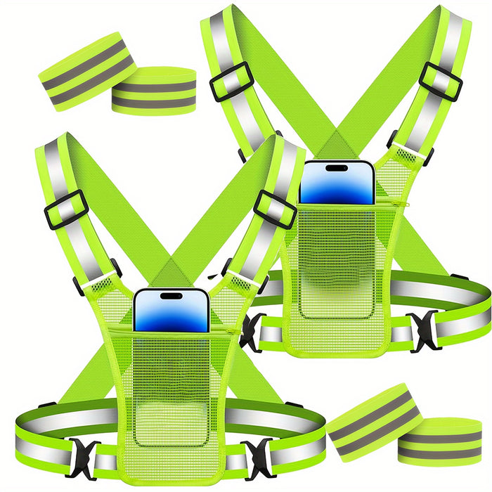 Reflective Running Vest 2 Pack with Reflective Bracelets Phone Holder Adjustable Safety Gear for Men Women – High Visibility Vest for Running Dog Walking Cycling Night Safety
