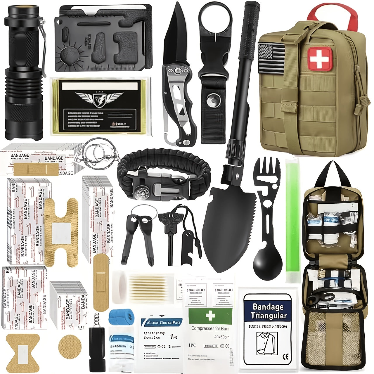 217-Piece Survival Kit with First Aid Kit & Survival Tools MOLLE Storage Bag - Outdoor Camping Hiking Emergency Gear for Men - Brown Black Khaki Green Red Orange Camouflage