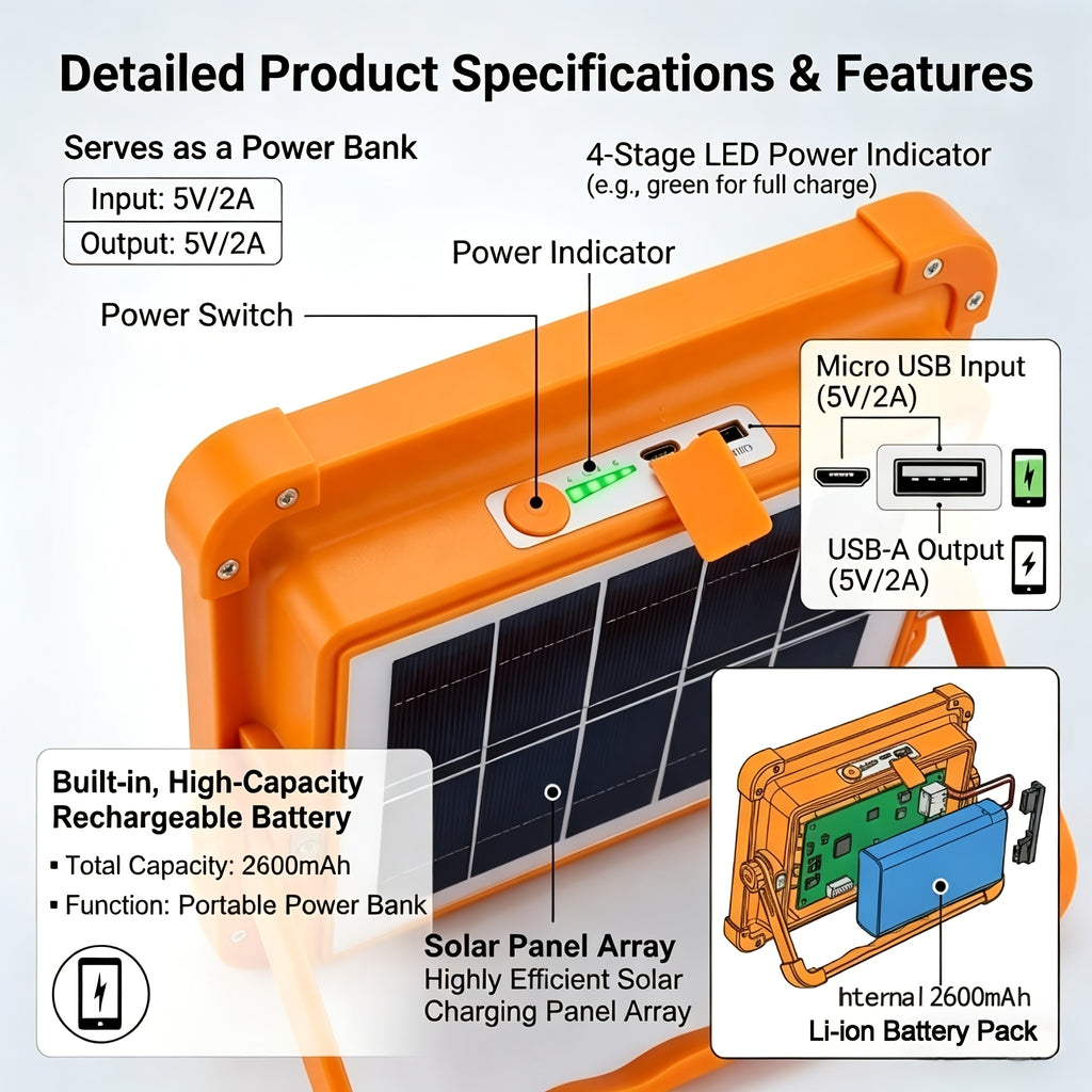 Solar LED Work Light 2000 Lumens Magnetic Hook Adjustable Brightness Solar USB Dual Charging Rechargeable Searchlight Spotlight for Camping Hiking Outdoor Garage Emergency