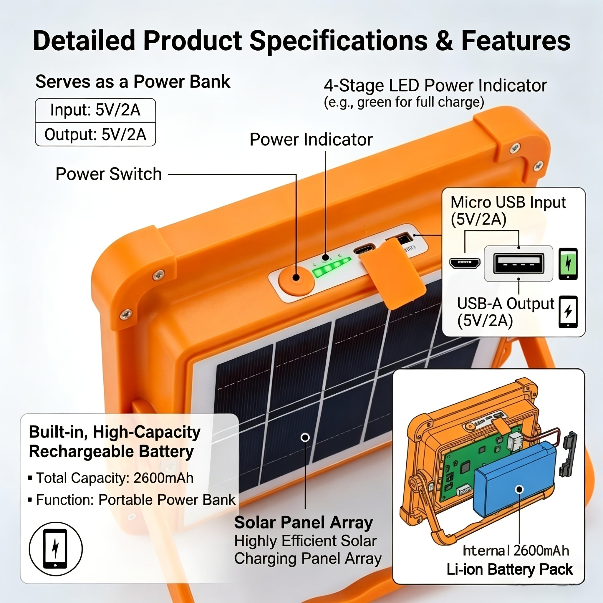 Solar LED Work Light 2000 Lumens Magnetic Hook Adjustable Brightness Solar USB Dual Charging Rechargeable Searchlight Spotlight for Camping Hiking Outdoor Garage Emergency