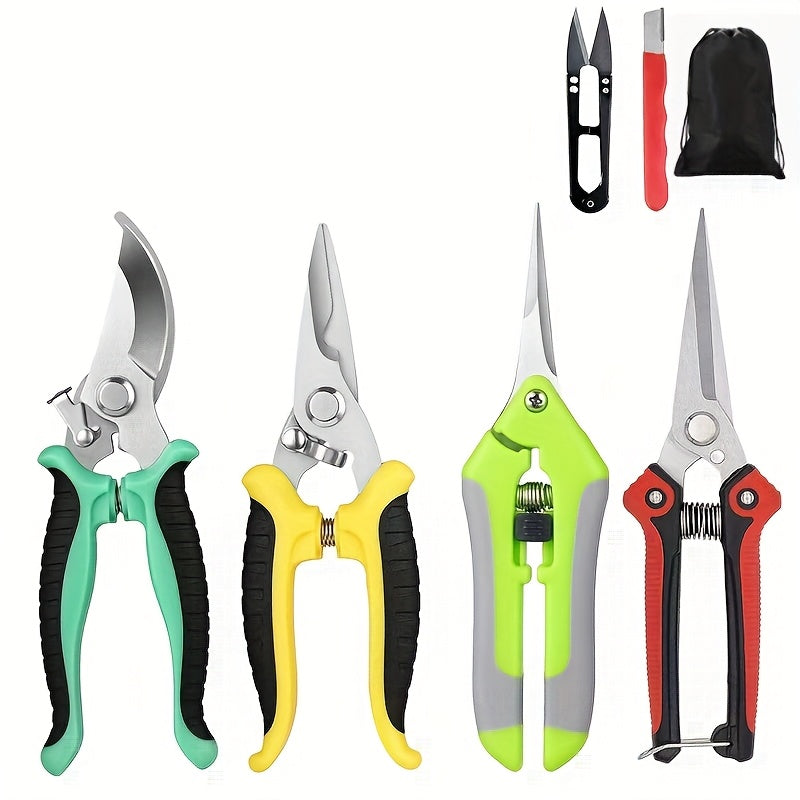 Garden Pruning Shears Set 6-Piece - Stainless Steel Bypass Pruners, Ergonomic Non-Slip Handles, Fruit Picker Branch Cutter Lawn Trimming Tree Care Kit for Men Women