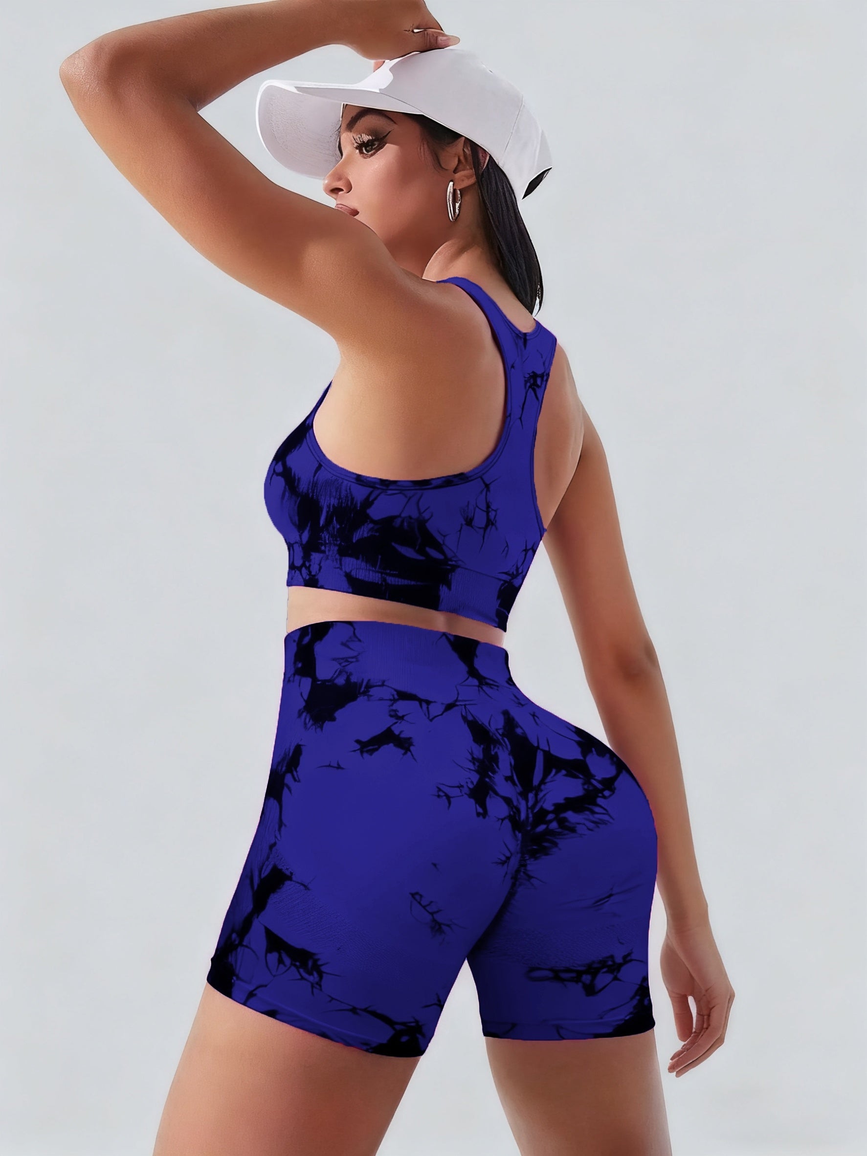 Women's Tie-Dye Seamless Sports Bra & Shorts Set – Belly Support Stretch Activewear Suit for Gym Yoga Fitness Red Blue Purple Dark Brown S M L XL