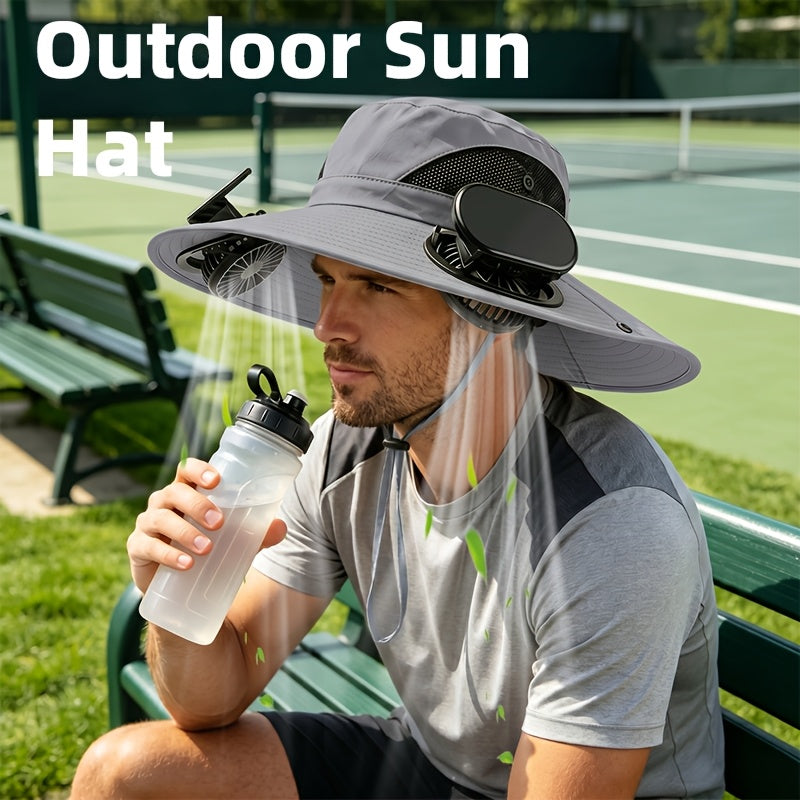 Sun Hat Men Wide Brim with 2 Fans Breathable Fishing Hat UV Protection for Outdoor Camping Hiking Beach Summer
