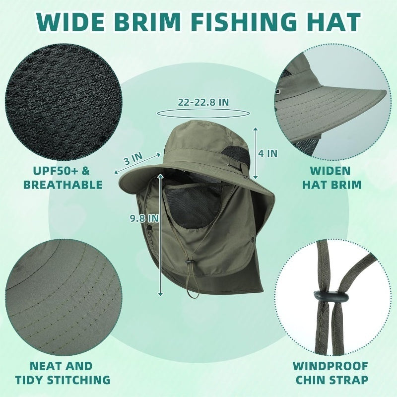UPF 50+ Sun Hat with Neck Flap 3Pcs – Wide Brim Breathable Bucket Hat UV Protection for Men Women Fishing Hiking Camping Outdoor, Black Dark Gray Army Green