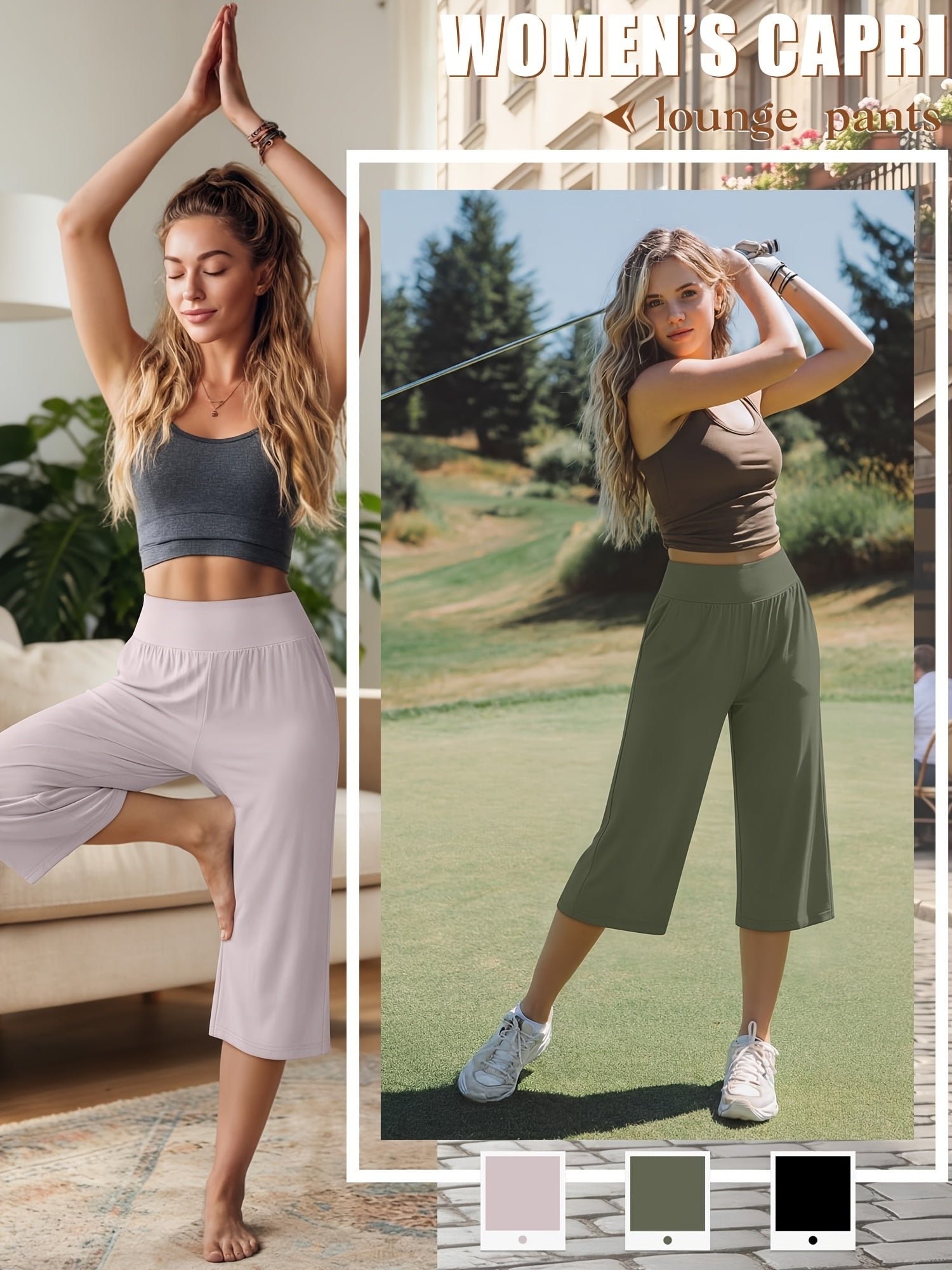 Women's Capri Pants 3 Pack Loose Lounge Joggers Yoga Cropped Sweatpants with Pockets – Elastic Waist Casual Spring Summer Fall