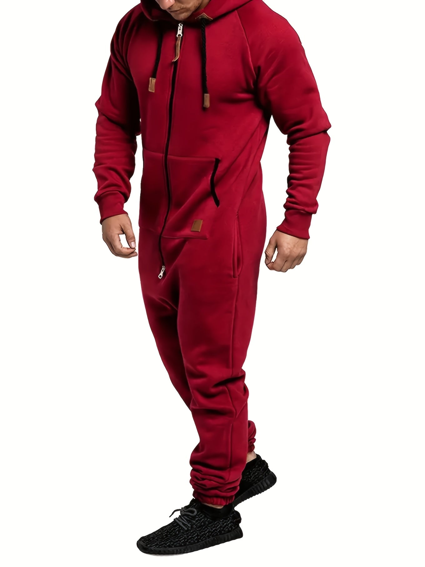 Men's Hooded Fleece Lined Jumpsuit Full Zip – Long Sleeve One Piece Romper with Kangaroo Pocket for Casual Sports Travel Fall Winter, Black Fern Green Red, S-XXXL