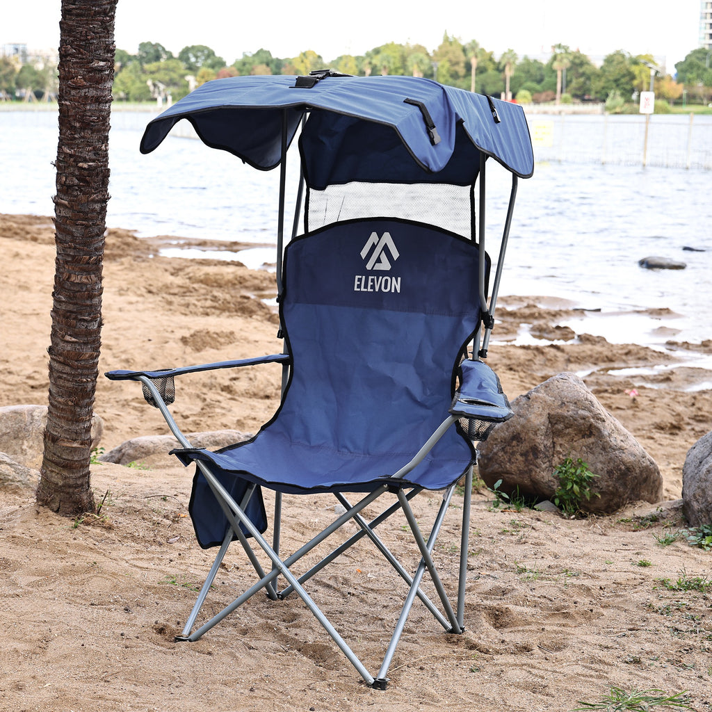 Folding Camping Chair with Canopy Sunshade Portable Beach Chair – 225 lbs Support Wide Seat Cup Holder Carrying Bag for Outdoor Lawn