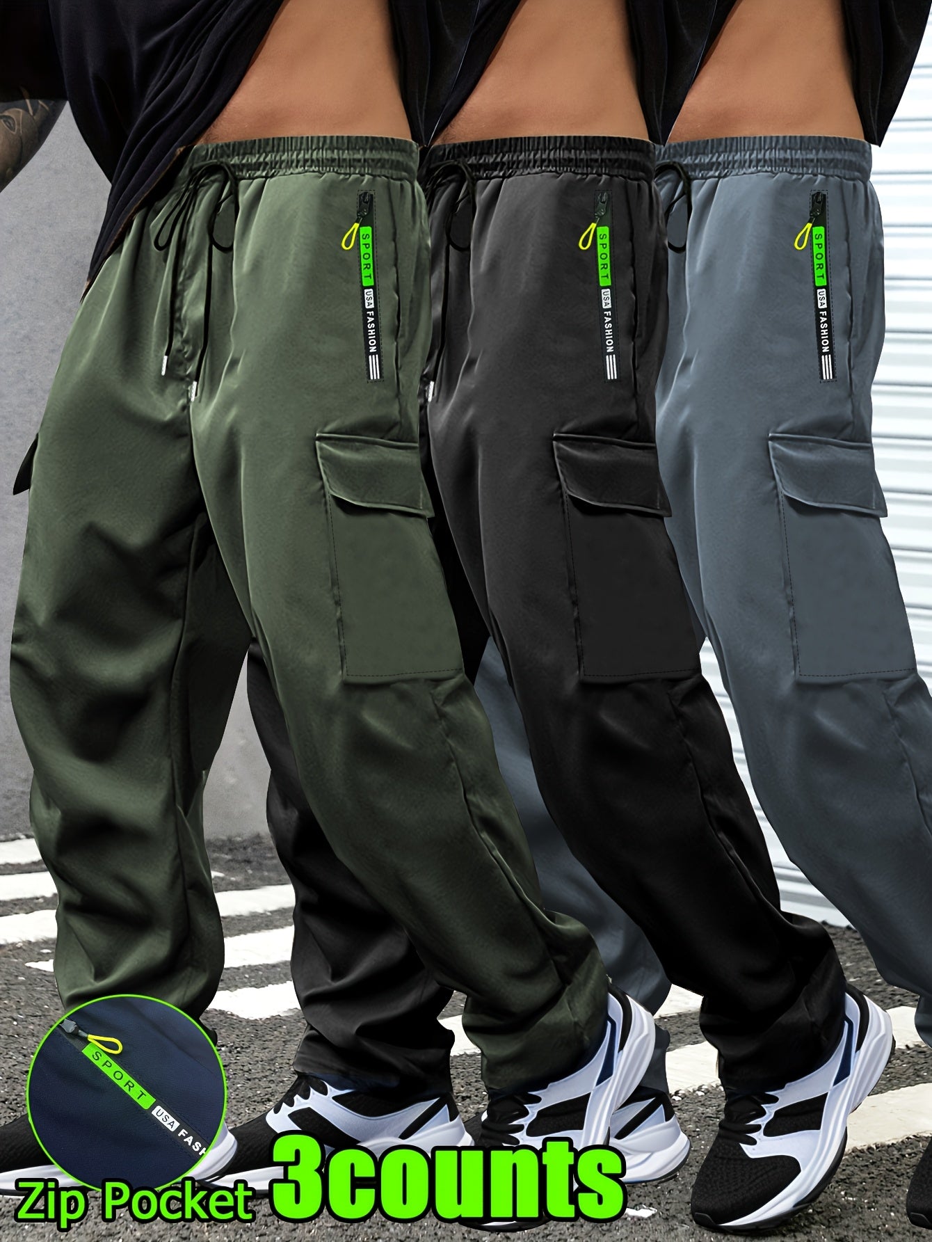 Men's Lightweight Cargo Pants with Drawstring & Elastic Waist – Multi Zipper & Side Pockets, Breathable Regular Fit for Hiking, Camping & Casual Outdoor Wear, S-XXXL