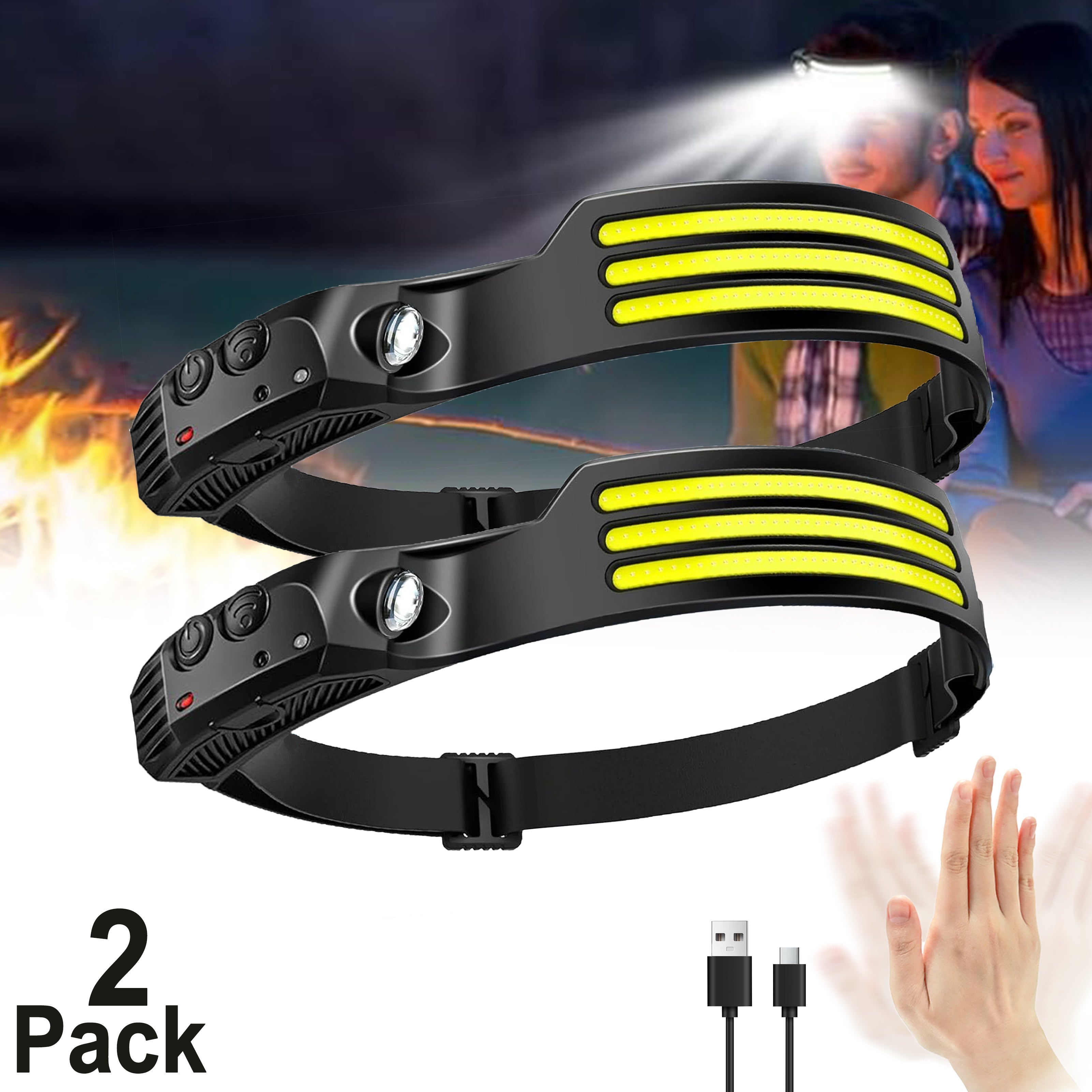 Motion Sensor Headlamp USB Rechargeable – IP54 Waterproof Super Bright LED Head Lamp with 5 Light Modes for Camping, Hiking, Running & Fishing | 1, 2 or 3 Pack