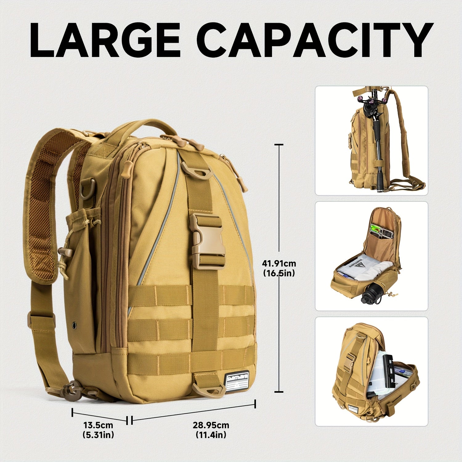 Tackle Sling Bag with Rod Holder for Men & Women – Fishing Backpack Daypack, Multi-Pocket Fly Fishing Bag, Camouflage Khaki Black, Standard & Large, Best Fishing Gift for Dad