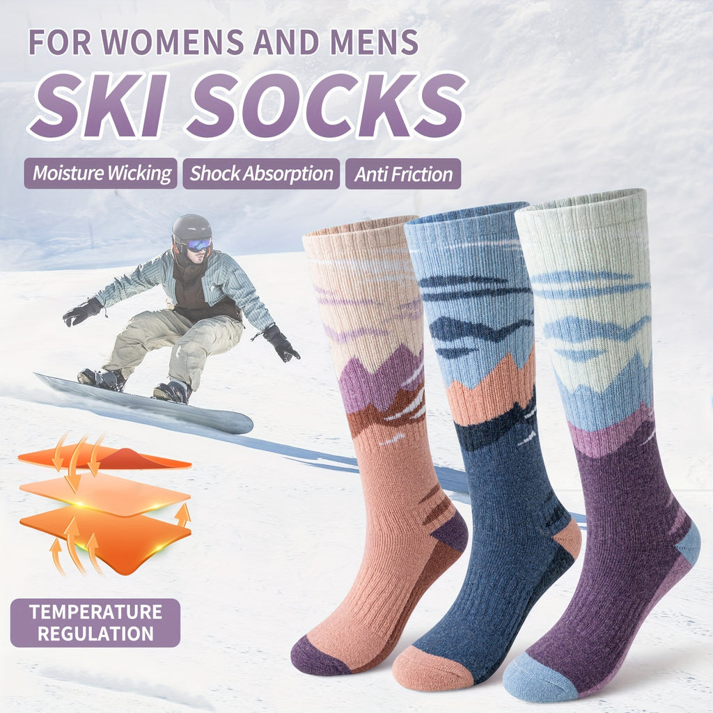 3-Pack Wool Ski Socks Knee High Thermal Winter Socks for Men & Women – Thick Warm Striped Socks for Skiing, Snowboarding & Outdoor Sports, M/L