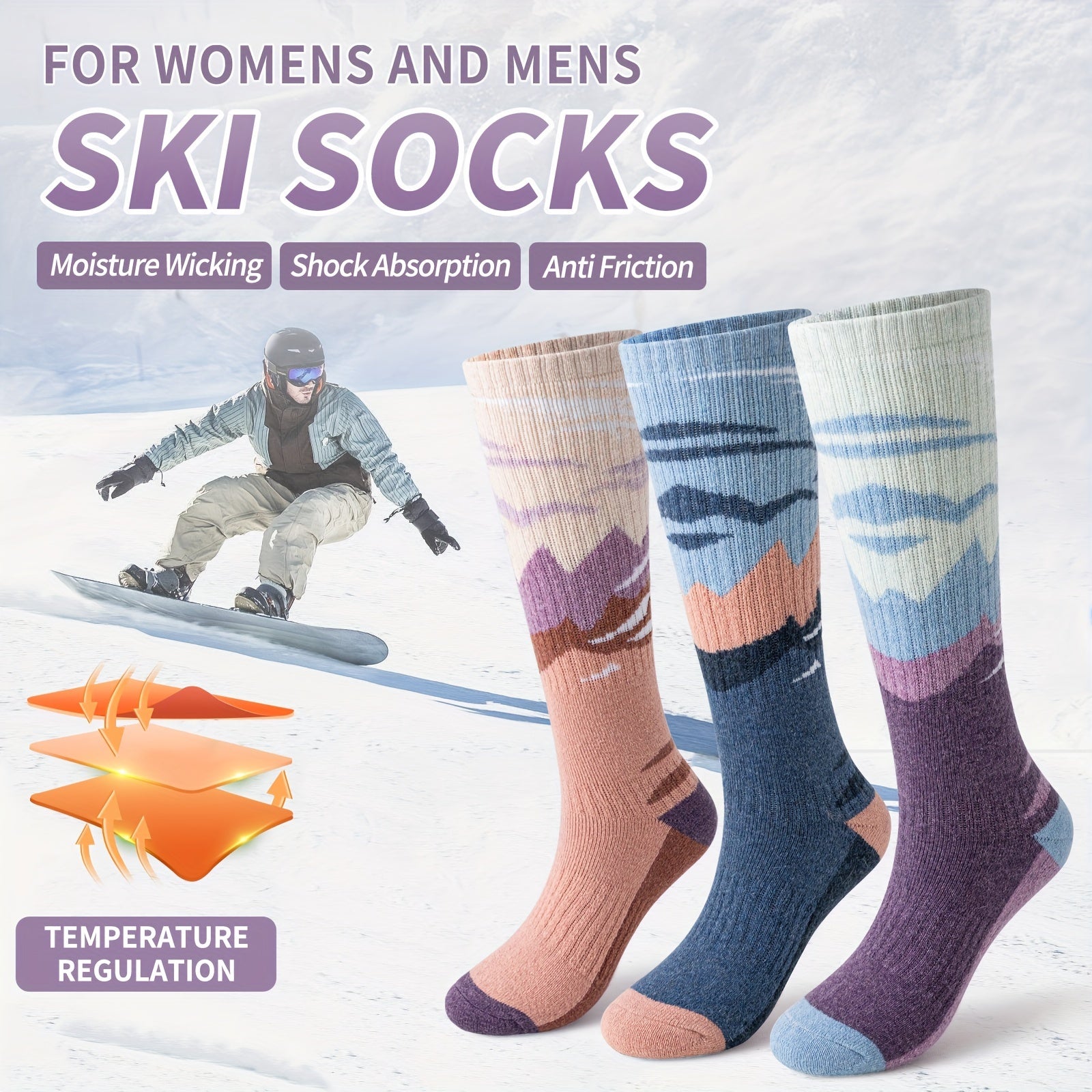 3-Pack Wool Ski Socks Knee High Thermal Winter Socks for Men & Women – Thick Warm Striped Socks for Skiing, Snowboarding & Outdoor Sports, M/L
