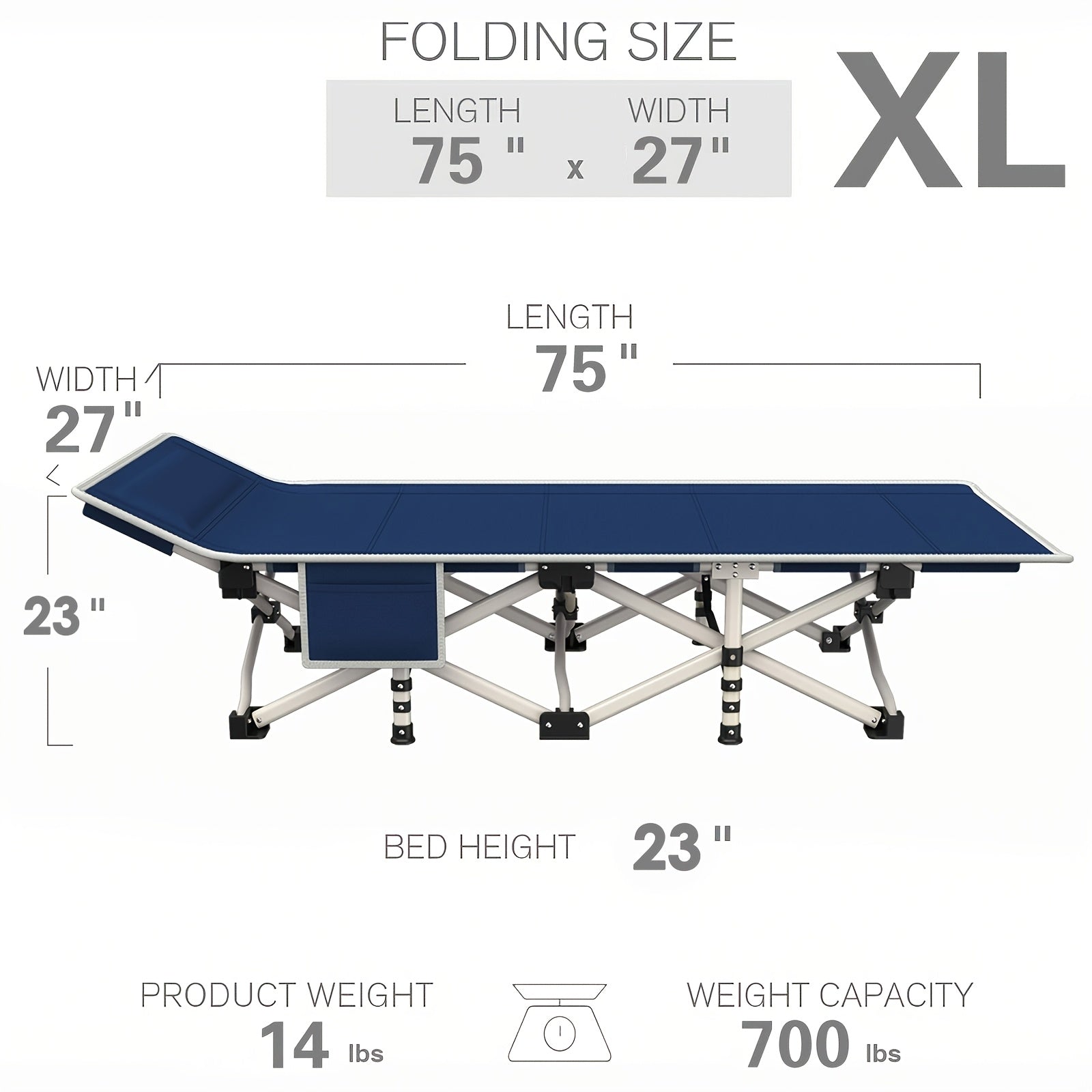 Folding Camping Cot with Mattress – XXL Portable Sleeping Cot for Adults Kids, 75"-79" Heavy Duty Camp Bed, 700-900 lbs Capacity for Beach Garden Patio Fishing Outdoor