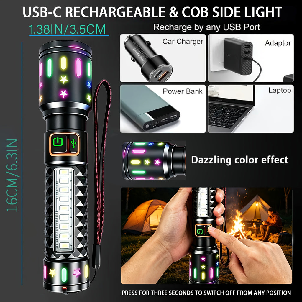 High-Lumen Fire Starting Flashlight Rechargeable LED Torch with COB Side Light 5 Modes Tactical Beam Fresnel Lens Survival Tool for Camping Hiking Fishing Emergency Outdoor Adventures