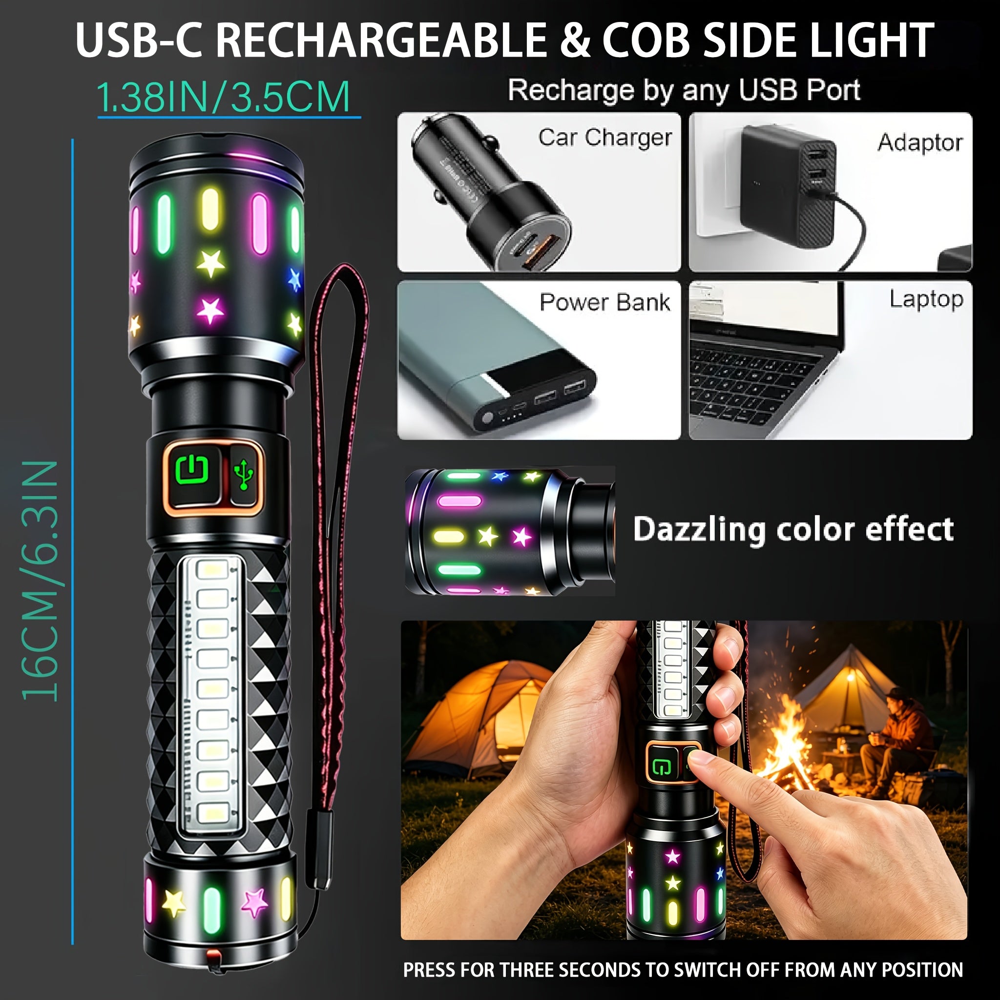High-Lumen Fire Starting Flashlight Rechargeable LED Torch with COB Side Light 5 Modes Tactical Beam Fresnel Lens Survival Tool for Camping Hiking Fishing Emergency Outdoor Adventures