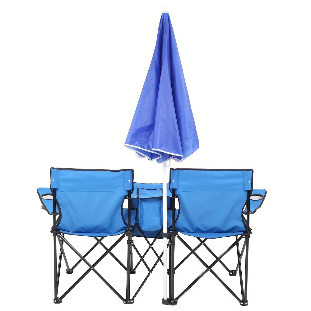 2-Seat Folding Outdoor Chair with Removable Sun Umbrella - Portable Double Camping Chair with Handrails for Fishing Beach Sunbathing Patio - Durable Steel Frame Oxford Fabric Lawn Chair