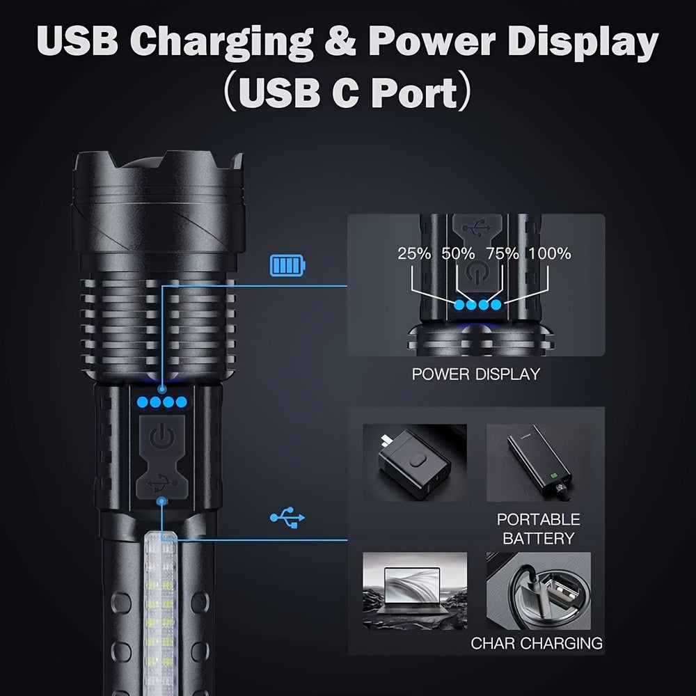 LED COB Rechargeable Flashlight Ultra Bright Zoomable Floodlight USB Rechargeable 1500mAh Battery Multi-Mode Torch for Camping Fishing Hunting Emergency Outdoor Use
