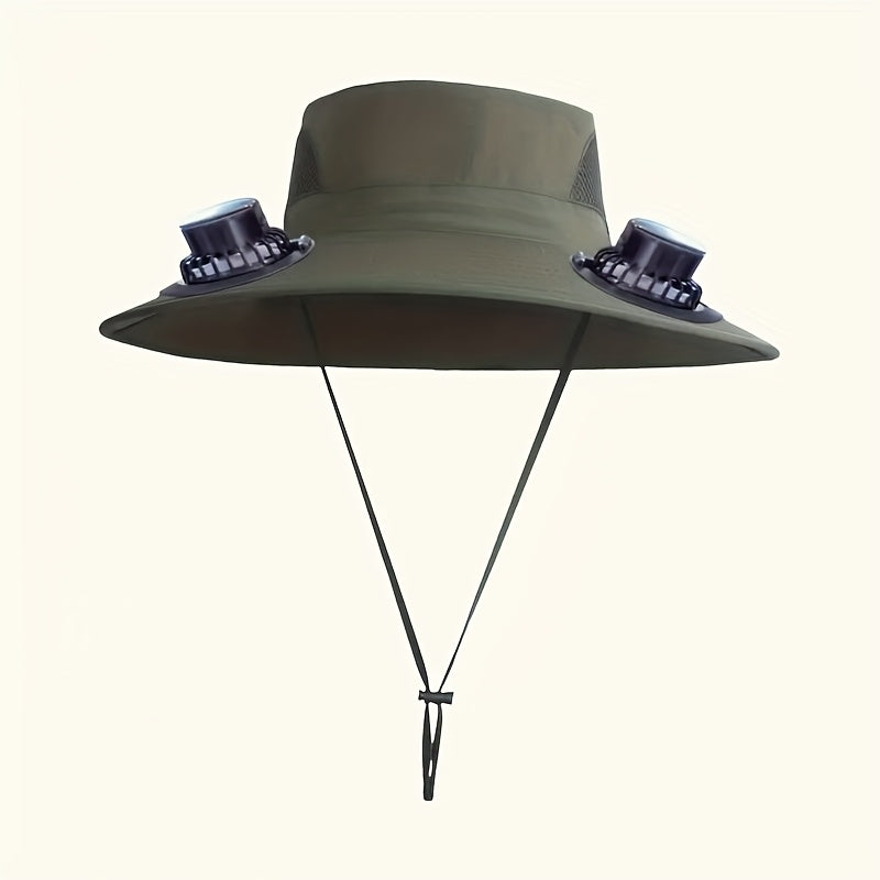Solar USB Rechargeable Cooling Fan Hat Wide Brim 3-Speed Adjustable Fan Sun Protection for Men Women Beach Fishing Hiking Outdoor Activities Black Olive Green