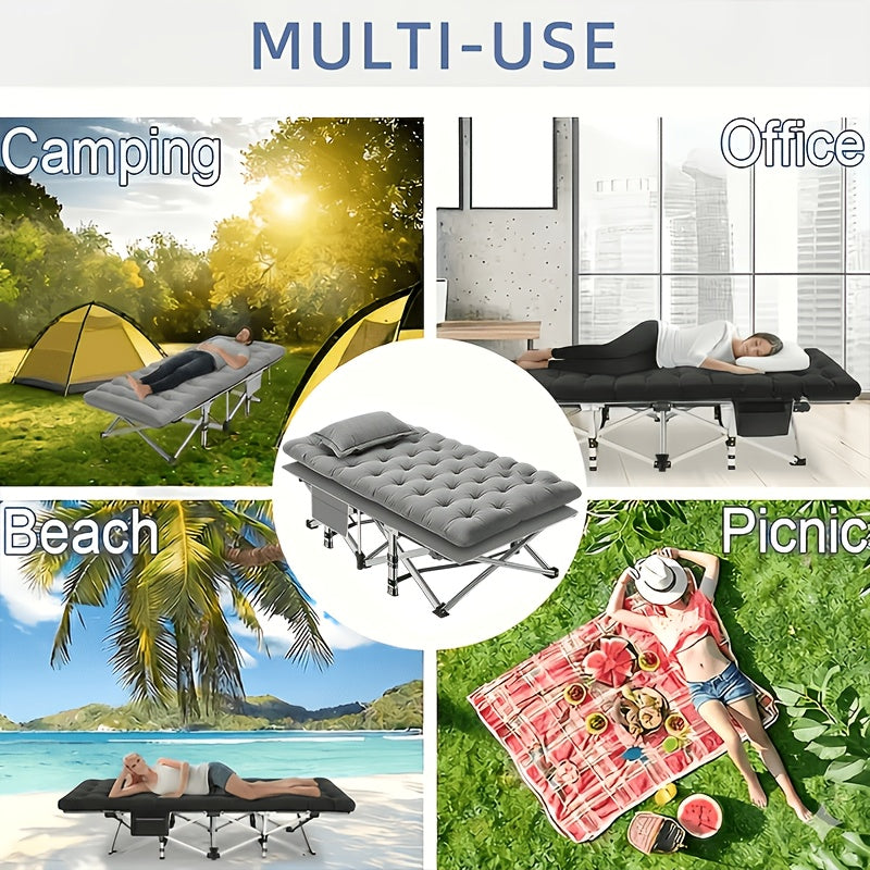 Portable Folding Camping Bed with Side Pockets - 60/75 Inch Heavy-Duty Cot 666/866 lb Capacity - Easy-Store Guest Bed for Camping Patio Office Guest Room - Folding Cot with Optional Mattress