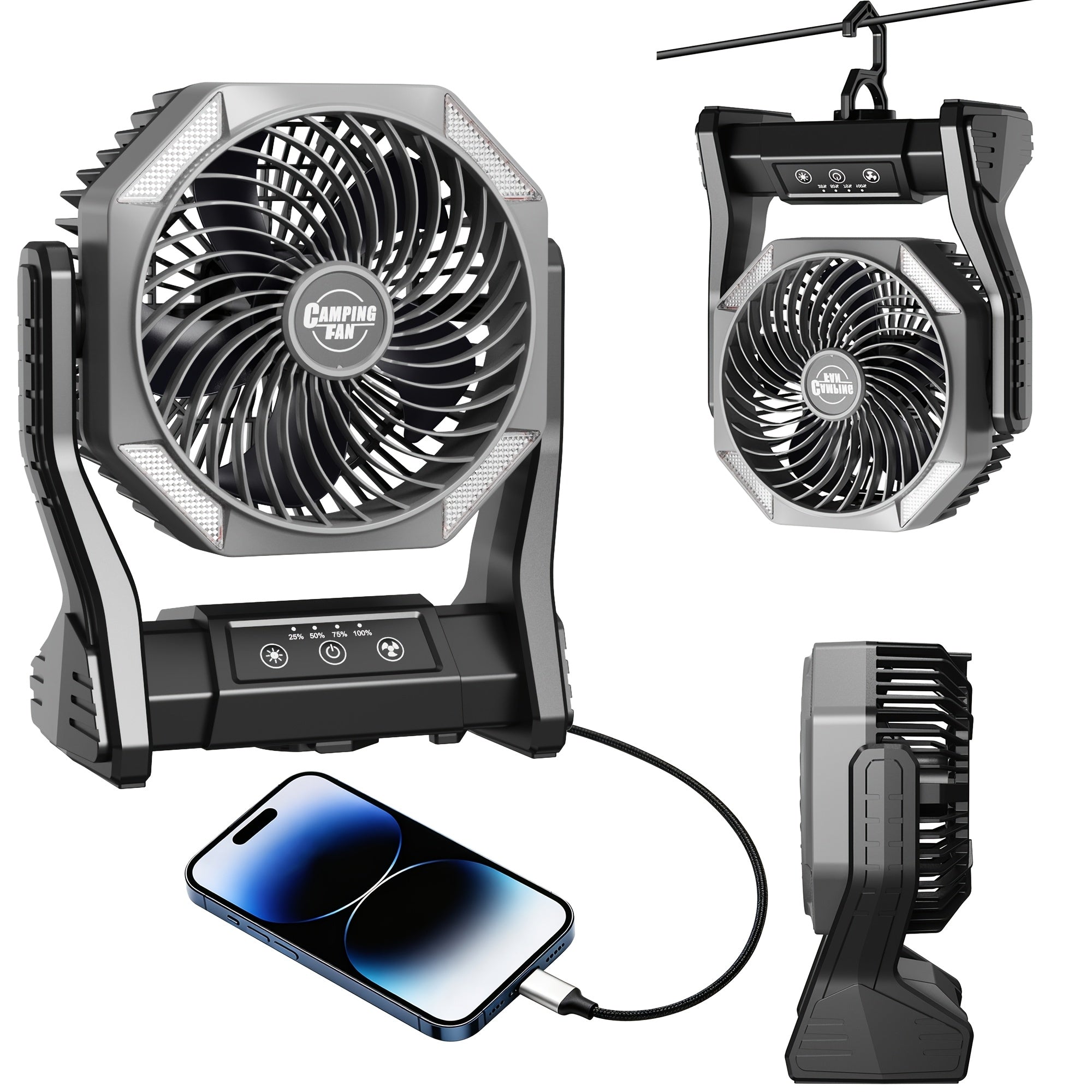 20000mAh Portable Camping Fan 180° Oscillating 4-Speed Brushless Motor LED Light 22-26H Battery USB Rechargeable for Camping Hiking Picnic Emergency Gray Pink Green Black Orange