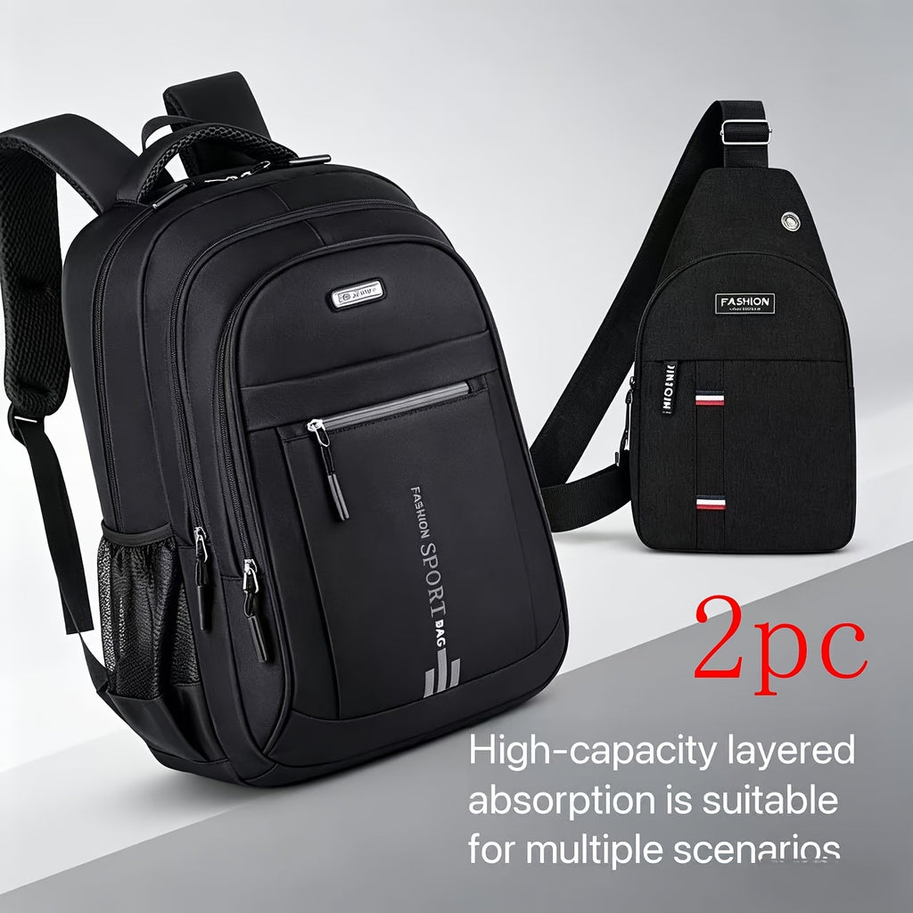 Men's Large Capacity Travel Backpack 3-Piece Set – Durable Nylon, Multi-Compartment Business & Campus Bag with Adjustable Straps, Black Laptop Backpack for Men