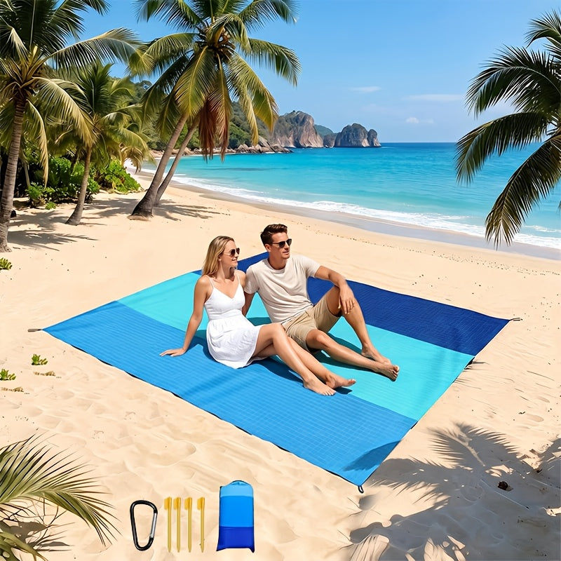 Sand-Proof Beach Blanket Extra Large – Foldable Polyester Beach Mat with 4 Corner Stakes, Lightweight Portable for Beach Camping Picnic Hiking Travel