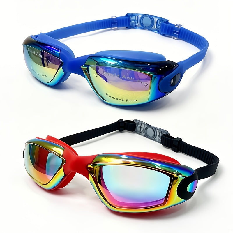 2-Pack HD Swim Goggles Gold-Plated Lens Anti-Fog Anti-Leak with Adjustable Strap & Earplugs - Professional Clear Vision Pool Goggles for Beginners, Daily Training, Men & Women (Black/White or Blue/Red)