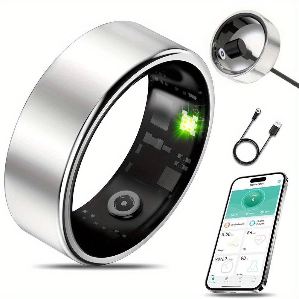 Smart Fitness Ring Bluetooth 5.3 Heart Rate HRV Sleep Steps Calorie Body Temp Stress Tracker No Subscription iPhone Android Compatible Sizes 7-13 Black Silver Gold
